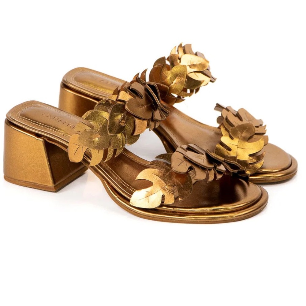 Farm Rio Monstera Mid-heel Metallic Leaf Slide Sandal, Brass, Size 9